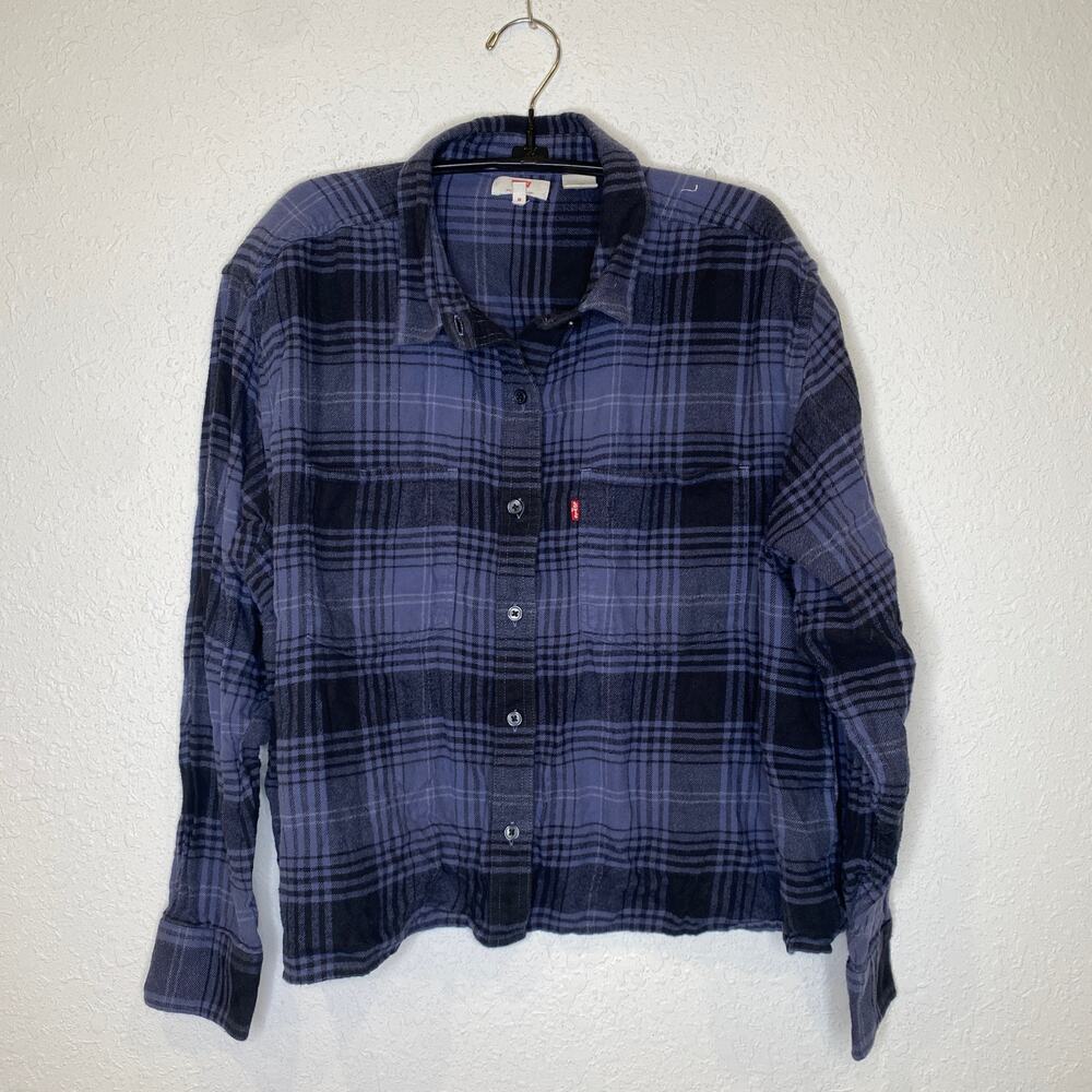 Levi’s Blue Plaid Long Sleeve Button Down Cropped Flannel Shirt EUC Sz Lg Cotton